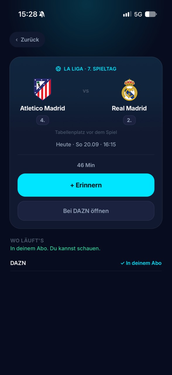 strymd-Spielansicht mit Termin, Erinnerung und Abo-Abdeckung am Beispiel Atlético Madrid gegen Real Madrid