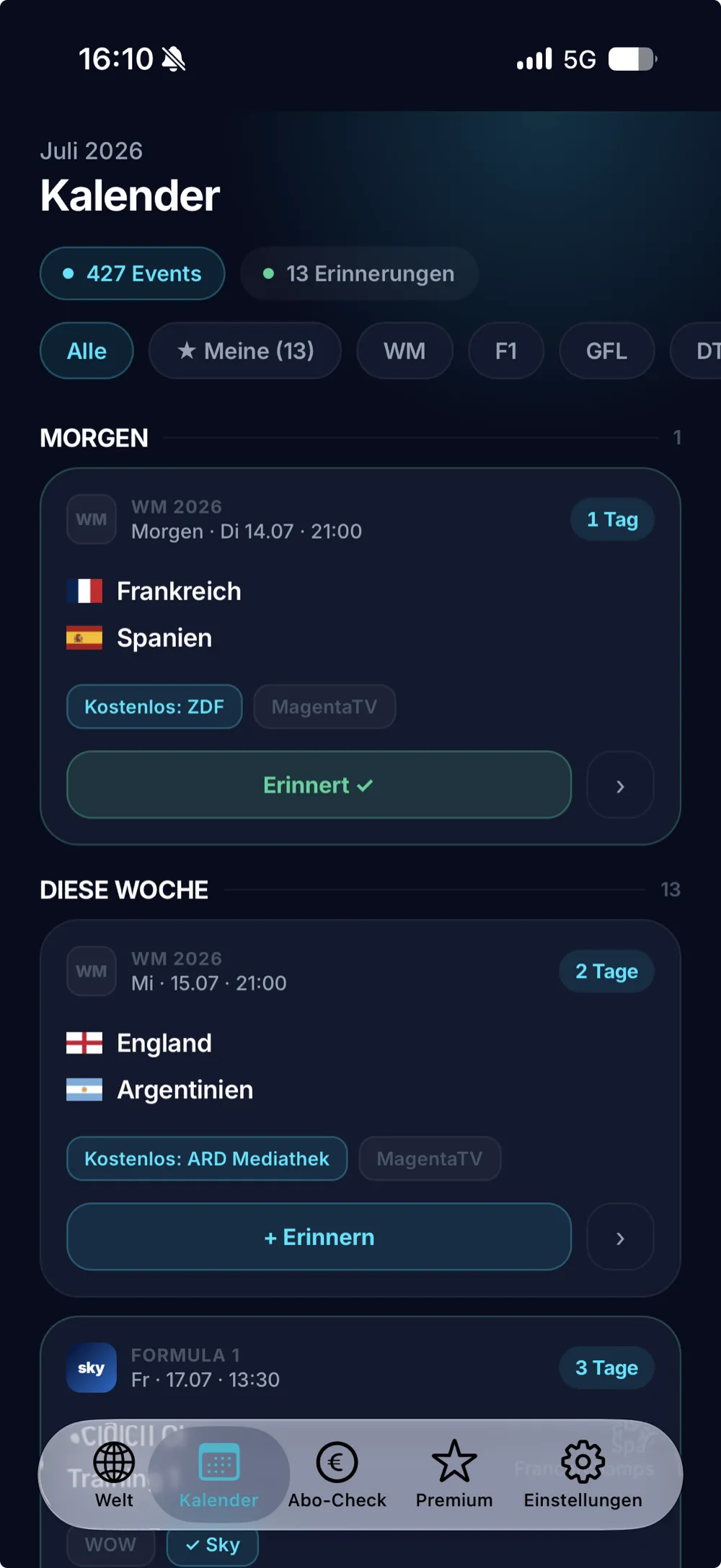Der strymd-Kalender zeigt kommende Spiele mit Sender, Abo-Status und Erinnerung